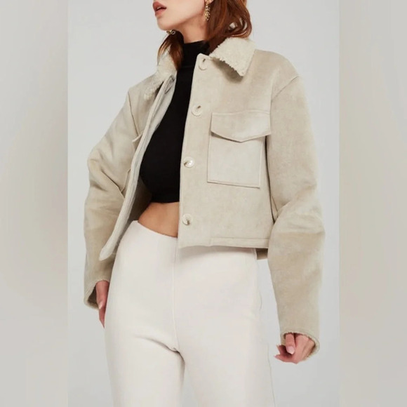 STORETS Vanessa Cropped Shearling Jacket in Beige - Picture 2 of 14
